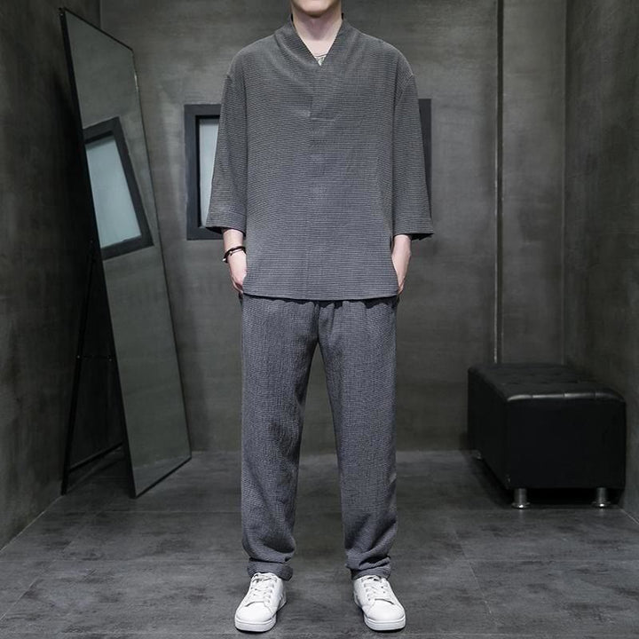 Set di pantaloni casual da uomo con scollo a V e maniche a tre quarti, tinta unita, motivo Buddha Stones - Grigio tenue - US/UK/AU44, EU54 (4XL) - image 18