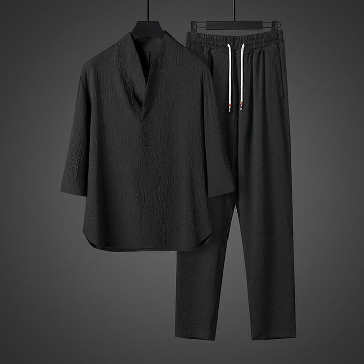 Set di pantaloni casual da uomo con scollo a V e maniche a tre quarti, tinta unita, motivo Buddha Stones - image 11