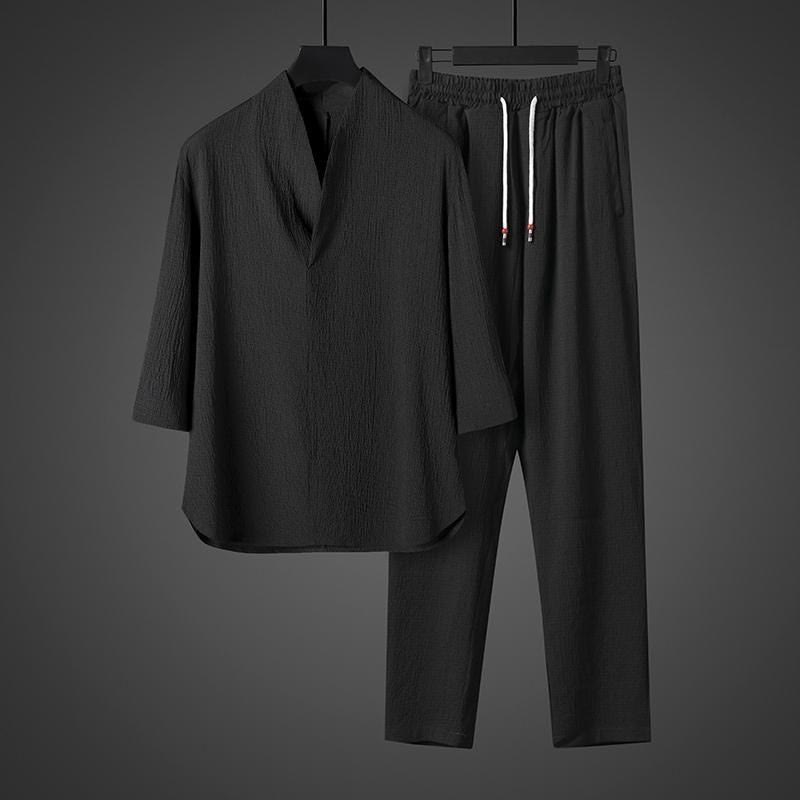Set di pantaloni casual da uomo con scollo a V e maniche a tre quarti, tinta unita, motivo Buddha Stones - image 12