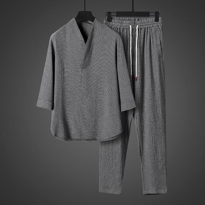 Set di pantaloni casual da uomo con scollo a V e maniche a tre quarti, tinta unita, motivo Buddha Stones - image 24