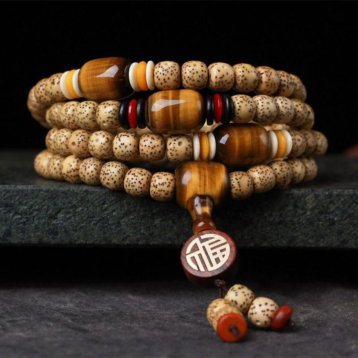 Buddha Stones 108 Mala Beads Bodhi Seed Occhio di tigre Fu Character Bracciale della pace
