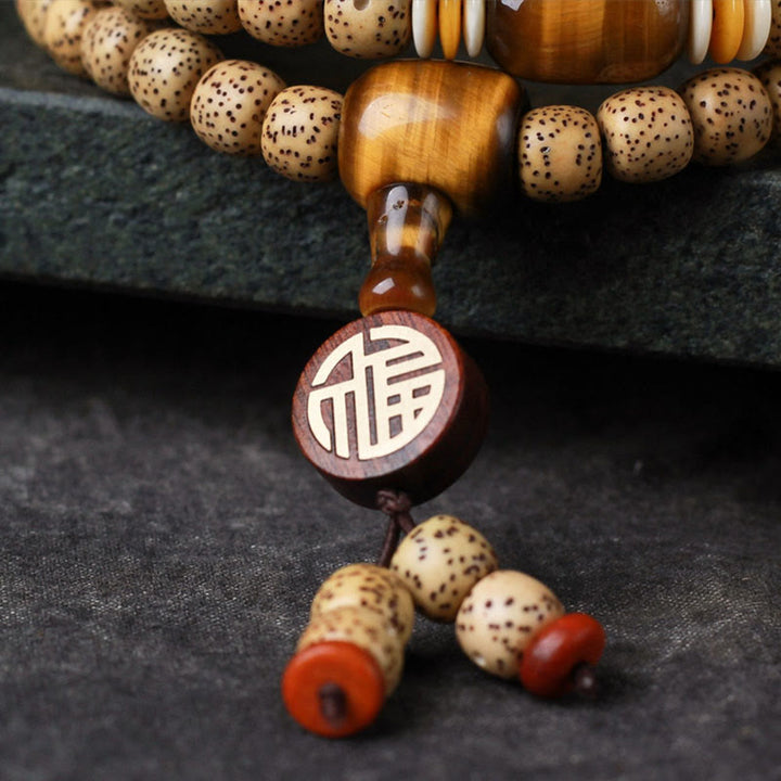 Buddha Stones 108 Mala Beads Bodhi Seed Occhio di tigre Fu Character Bracciale della pace