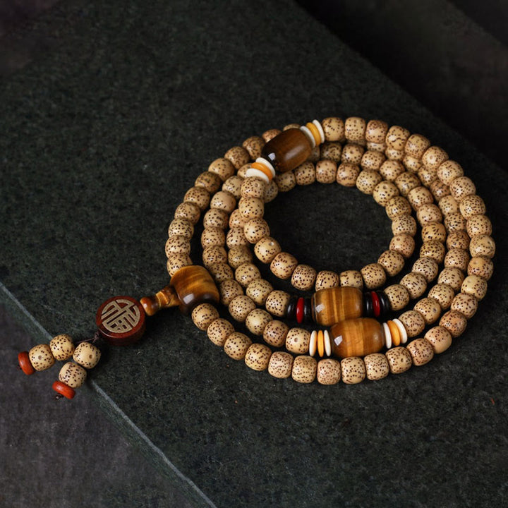 Buddha Stones 108 Mala Beads Bodhi Seed Occhio di tigre Fu Character Bracciale della pace