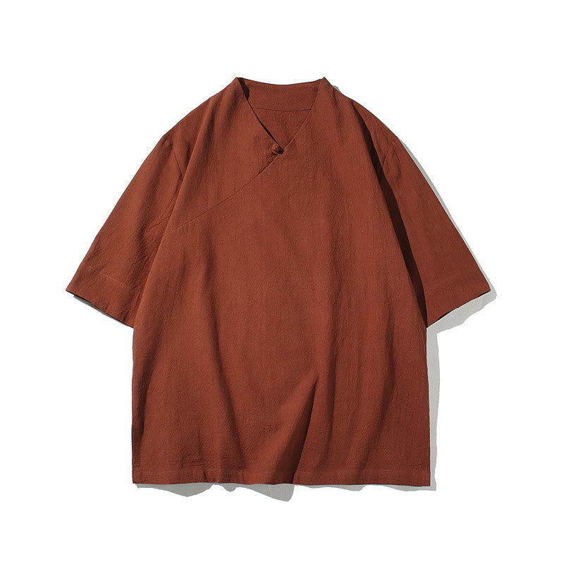 Camicia da uomo in cotone a mezza manica con scollo a V e motivo Buddha Stones