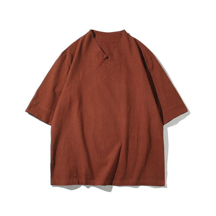 Camicia da uomo in cotone a mezza manica con scollo a V e motivo Buddha Stones