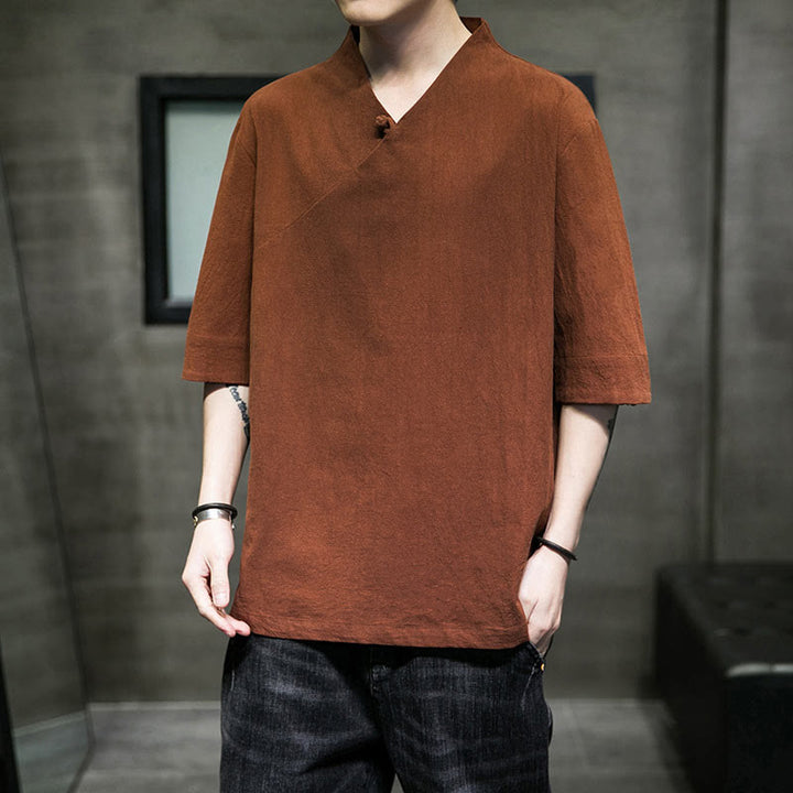 Camicia da uomo in cotone a mezza manica con scollo a V e motivo Buddha Stones