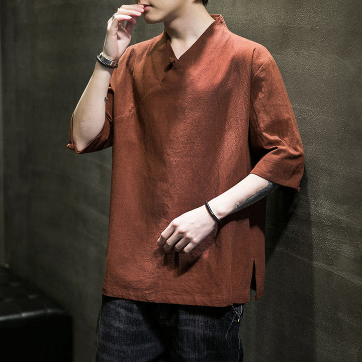 Camicia da uomo in cotone a mezza manica con scollo a V e motivo Buddha Stones