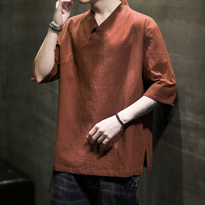 Camicia da uomo in cotone a mezza manica con scollo a V e motivo Buddha Stones