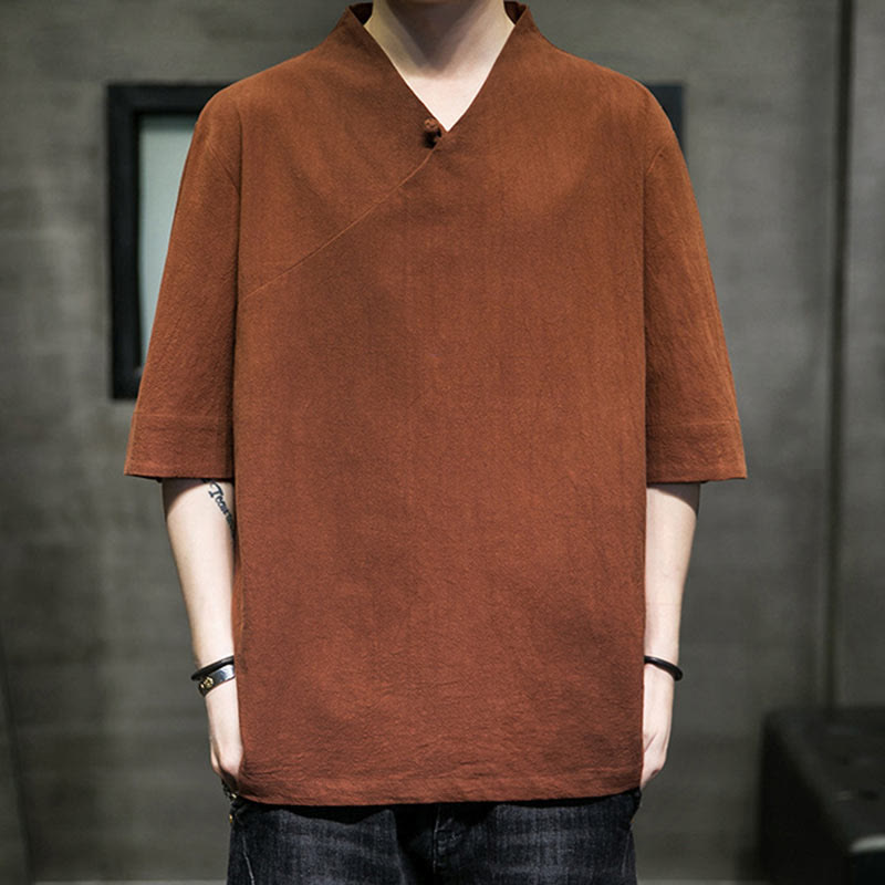 Camicia da uomo in cotone a mezza manica con scollo a V e motivo Buddha Stones