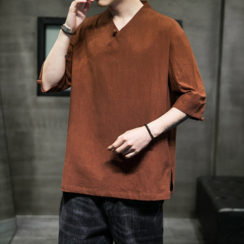 Camicia da uomo in cotone a mezza manica con scollo a V e motivo Buddha Stones