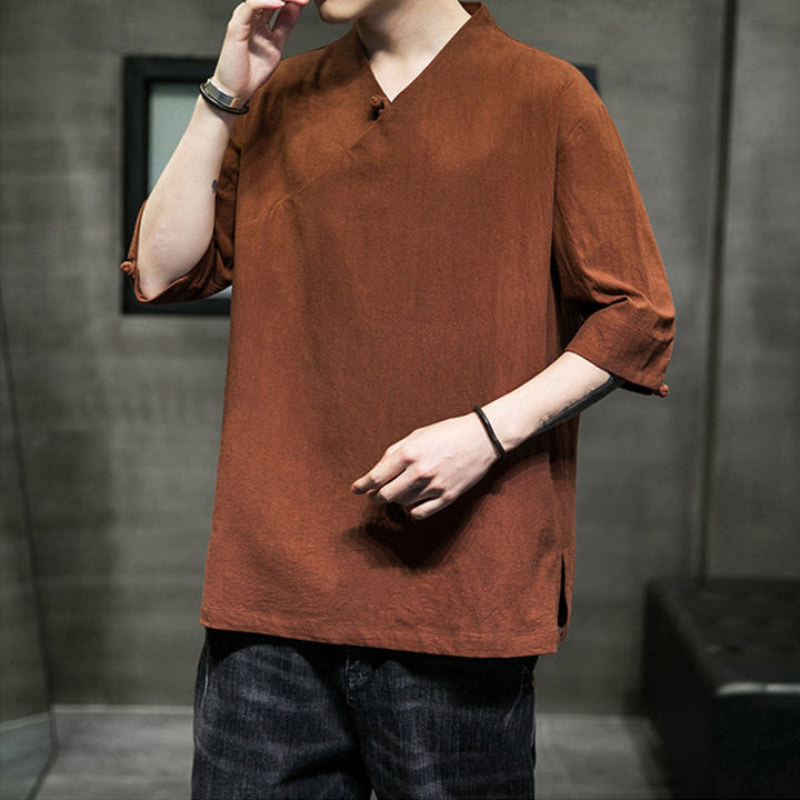 Camicia da uomo in cotone a mezza manica con scollo a V e motivo Buddha Stones