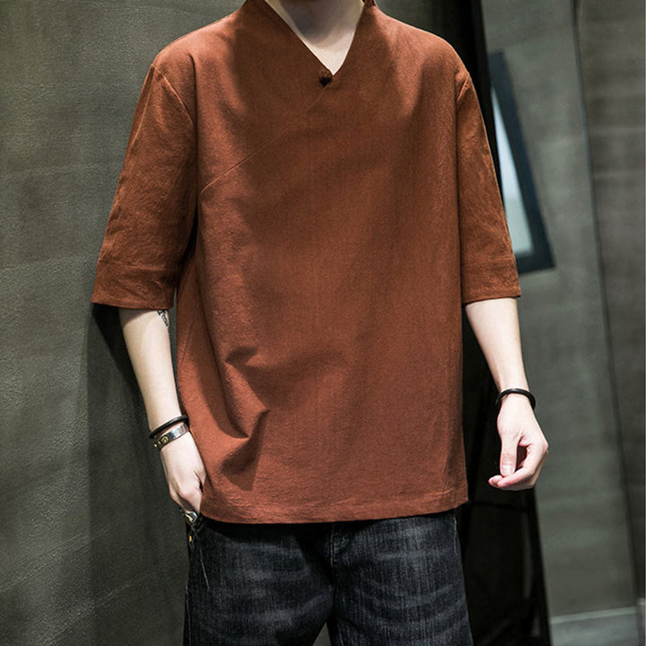 Camicia da uomo in cotone a mezza manica con scollo a V e motivo Buddha Stones