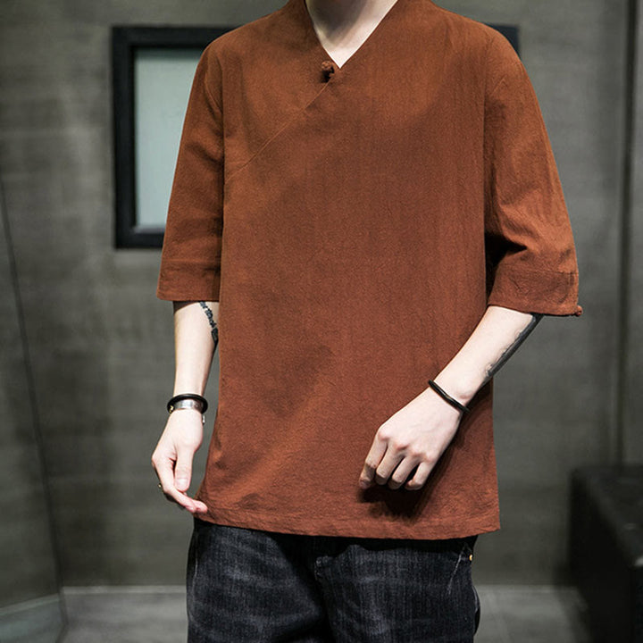 Camicia da uomo in cotone a mezza manica con scollo a V e motivo Buddha Stones