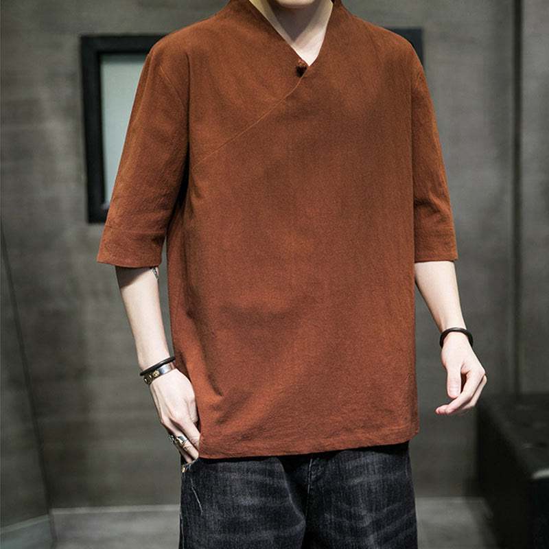 Camicia da uomo in cotone a mezza manica con scollo a V e motivo Buddha Stones