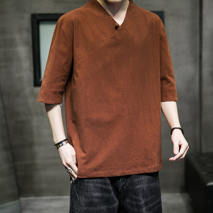 Camicia da uomo in cotone a mezza manica con scollo a V e motivo Buddha Stones