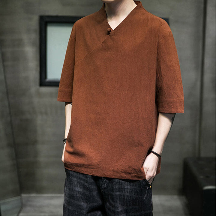 Camicia da uomo in cotone a mezza manica con scollo a V e motivo Buddha Stones