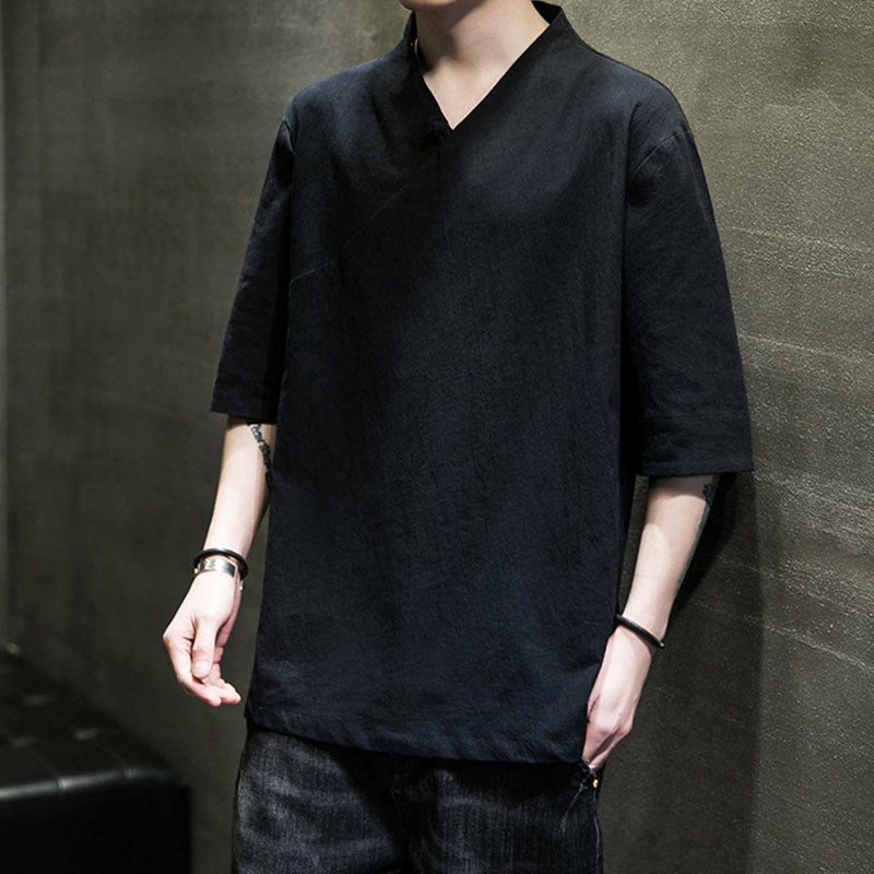 Camicia da uomo in cotone a mezza manica con scollo a V e motivo Buddha Stones