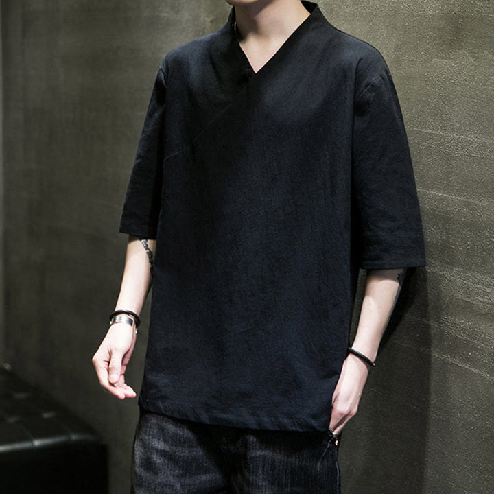 Camicia da uomo in cotone a mezza manica con scollo a V e motivo Buddha Stones