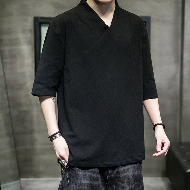 Camicia da uomo in cotone a mezza manica con scollo a V e motivo Buddha Stones - image 13