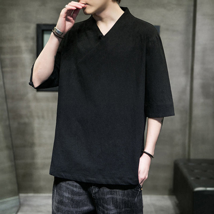 Camicia da uomo in cotone a mezza manica con scollo a V e motivo Buddha Stones - image 15