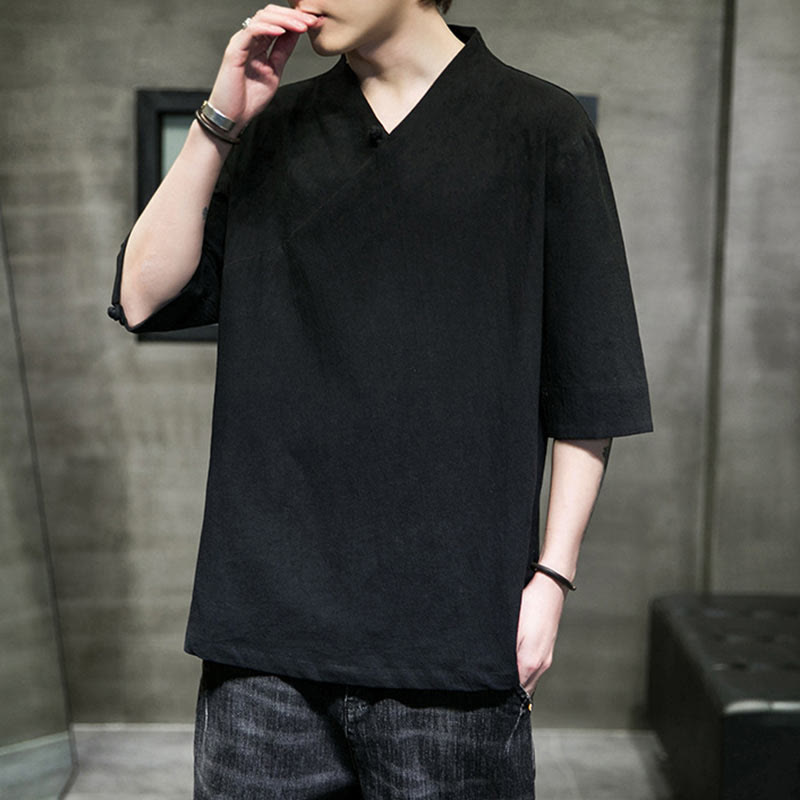 Camicia da uomo in cotone a mezza manica con scollo a V e motivo Buddha Stones - image 16