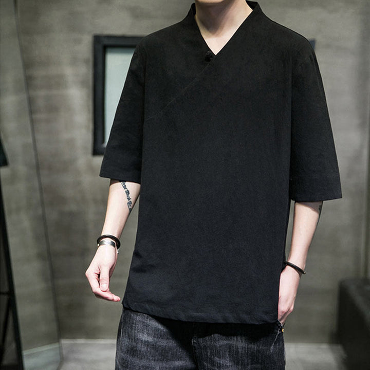 Camicia da uomo in cotone a mezza manica con scollo a V e motivo Buddha Stones
