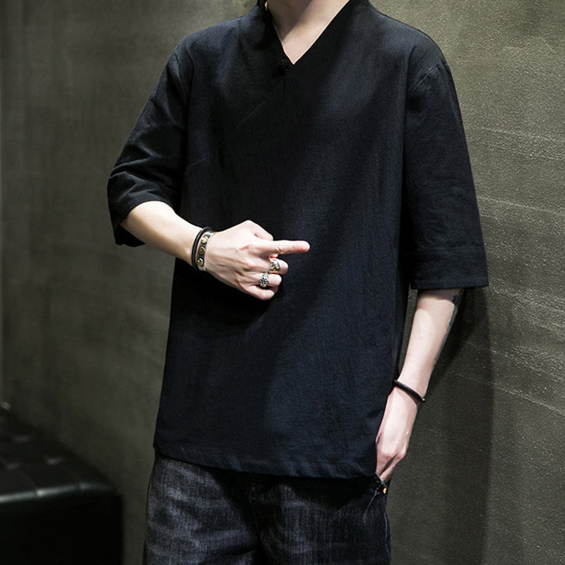 Camicia da uomo in cotone a mezza manica con scollo a V e motivo Buddha Stones