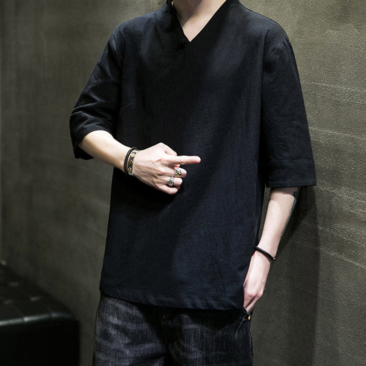 Camicia da uomo in cotone a mezza manica con scollo a V e motivo Buddha Stones