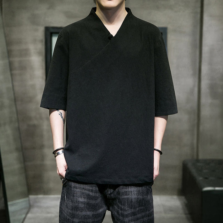 Camicia da uomo in cotone a mezza manica con scollo a V e motivo Buddha Stones - image 14