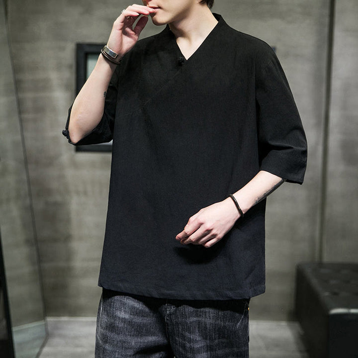 Camicia da uomo in cotone a mezza manica con scollo a V e motivo Buddha Stones - image 17