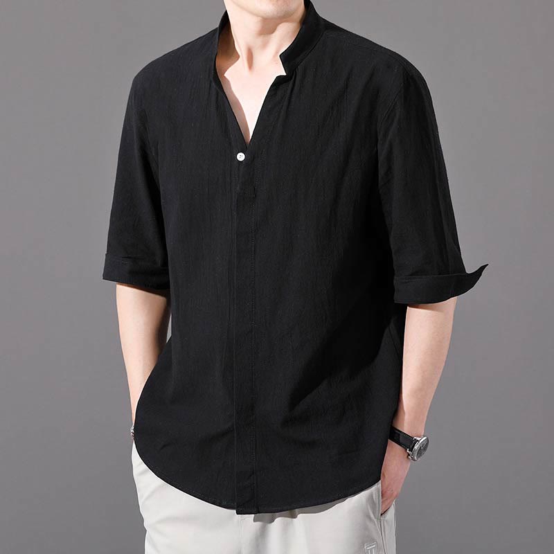 Camicia da uomo estiva Buddha Stones con maniche corte e bottoni in cotone - Nero - US/UK/AU48, EU58 (6XL)  - image 9