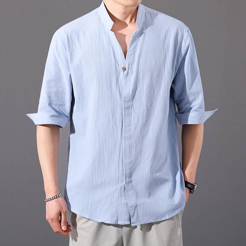 Camicia da uomo estiva Buddha Stones con maniche corte e bottoni in cotone - Azzurro chiaro - US/UK/AU48, EU58 (6XL)  - image 1