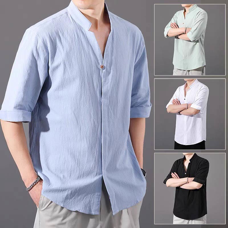 Camicia da uomo estiva Buddha Stones con maniche corte e bottoni in cotone - image 3