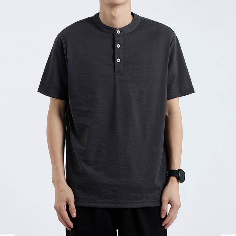 Camicia estiva a maniche corte con bottoni a metà, in cotone e lino, per uomo , Buddha Stones