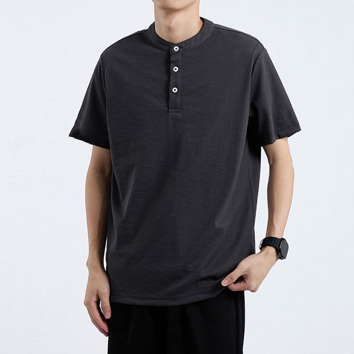 Camicia estiva a maniche corte con bottoni a metà, in cotone e lino, per uomo , Buddha Stones
