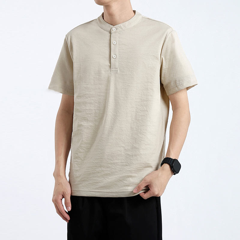 Camicia estiva a maniche corte con bottoni a metà, in cotone e lino, per uomo , Buddha Stones