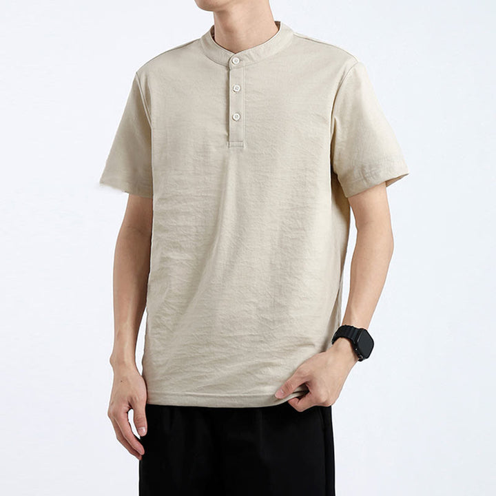Camicia estiva a maniche corte con bottoni a metà, in cotone e lino, per uomo , Buddha Stones