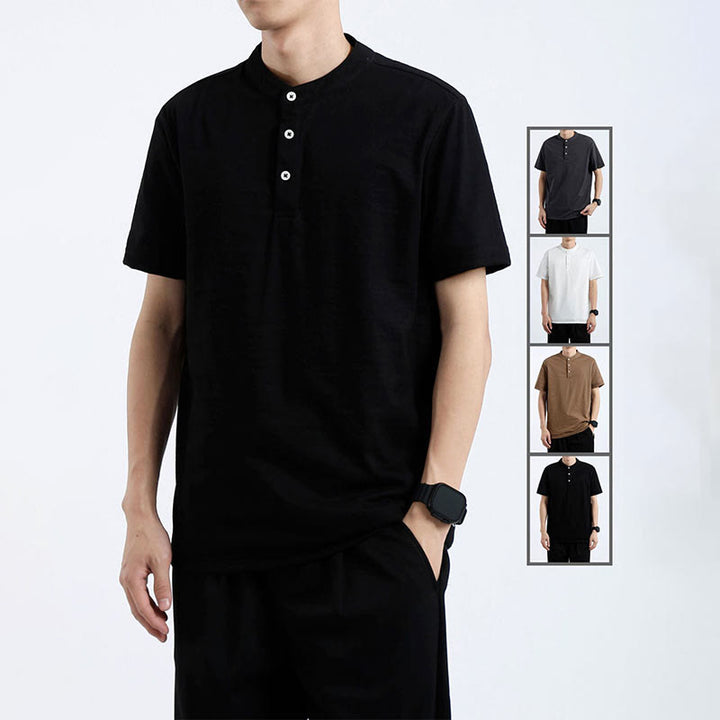 Camicia estiva a maniche corte con bottoni a metà, in cotone e lino, per uomo , Buddha Stones