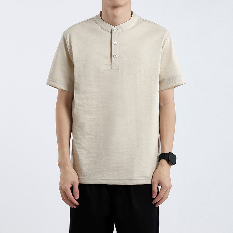 Camicia estiva a maniche corte con bottoni a metà, in cotone e lino, per uomo , Buddha Stones