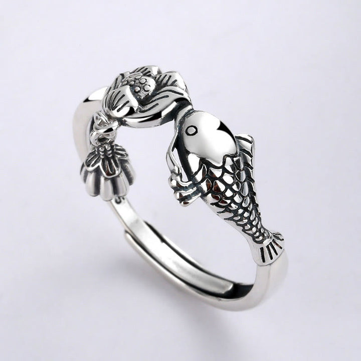 Anello di successo con fiore di loto e pesce koi in argento sterling 925 Buddha Stones