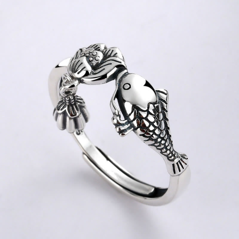 Anello di successo con fiore di loto e pesce koi in argento sterling 925 Buddha Stones - Pesce Koi Loto (regolabile) - image 0