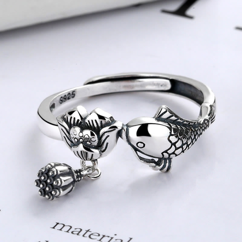 Anello di successo con fiore di loto e pesce koi in argento sterling 925 Buddha Stones