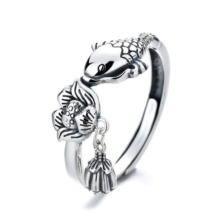 Anello di successo con fiore di loto e pesce koi in argento sterling 925 Buddha Stones