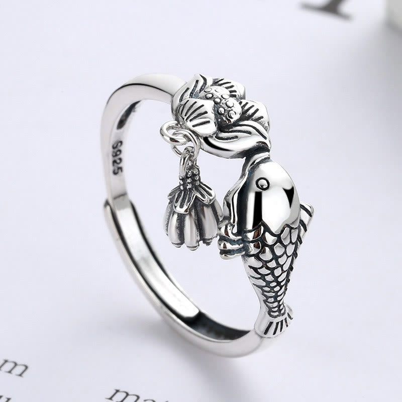 Anello di successo con fiore di loto e pesce koi in argento sterling 925 Buddha Stones