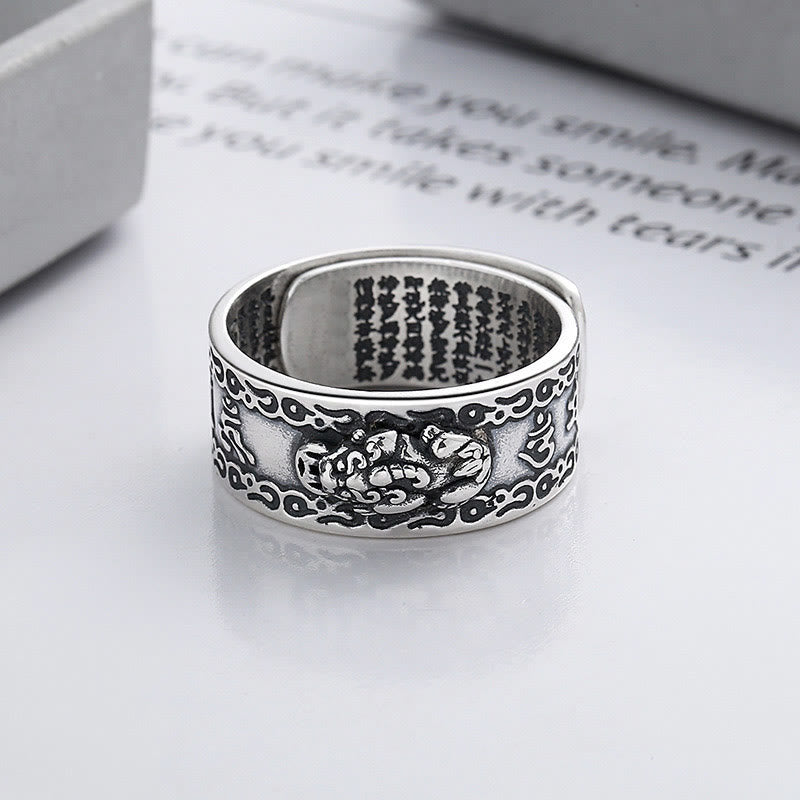 Anello regolabile Buddha Stones 925 Sterling Silver PiXiu Scripture Carved Wealth
