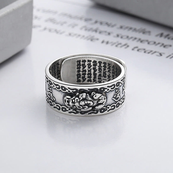 Anello regolabile Buddha Stones 925 Sterling Silver PiXiu Scripture Carved Wealth