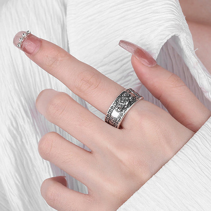 Anello regolabile Buddha Stones 925 Sterling Silver PiXiu Scripture Carved Wealth
