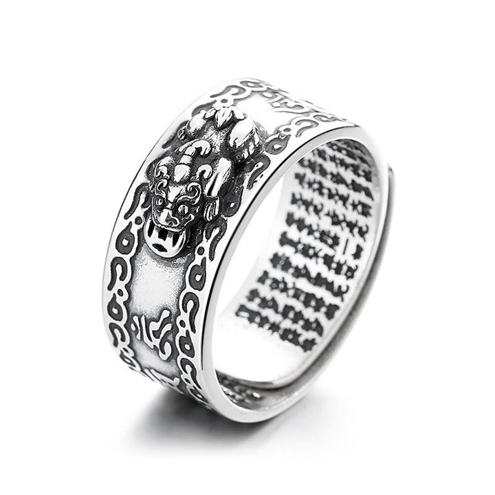 Anello regolabile Buddha Stones 925 Sterling Silver PiXiu Scripture Carved Wealth