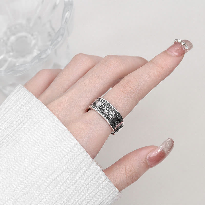 Anello regolabile Buddha Stones 925 Sterling Silver PiXiu Scripture Carved Wealth