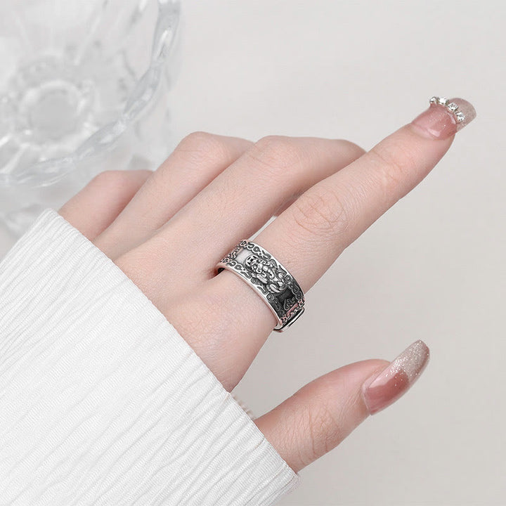 Anello regolabile Buddha Stones 925 Sterling Silver PiXiu Scripture Carved Wealth